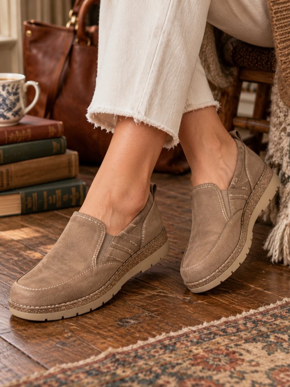 Eurosoft by Sofft Women's 6W Wide Taupe Brown Slip On Lug Sole Loafers